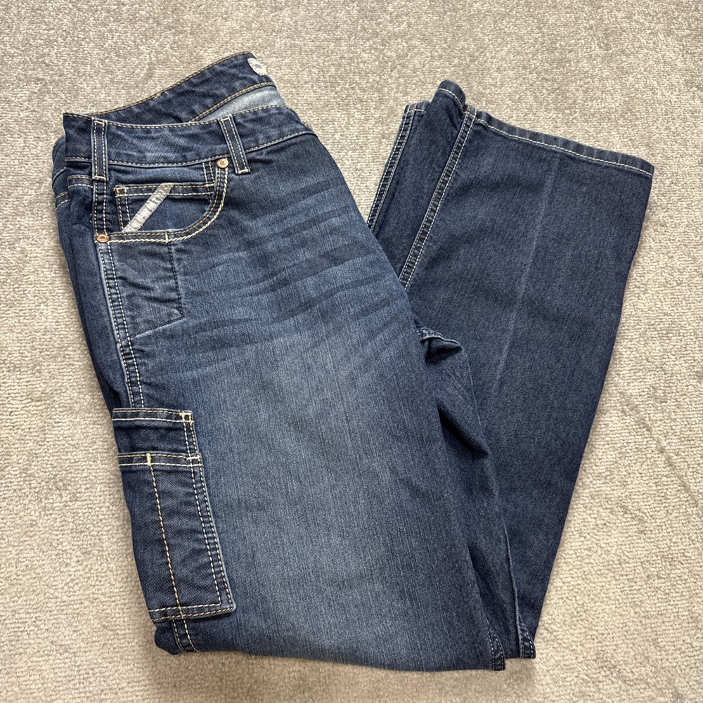Ariat Rebar 34R Mid Rise Boot Jeans Blue Pockets Work Western Stitch Cowgirl
